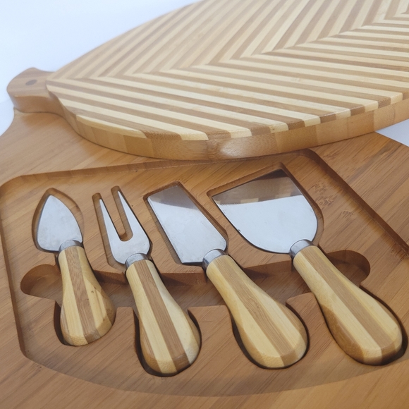 20" Bamboo Staved Cutting Board CheeseServing Platter Leaf Shaped Hidde - Picture 4 of 11